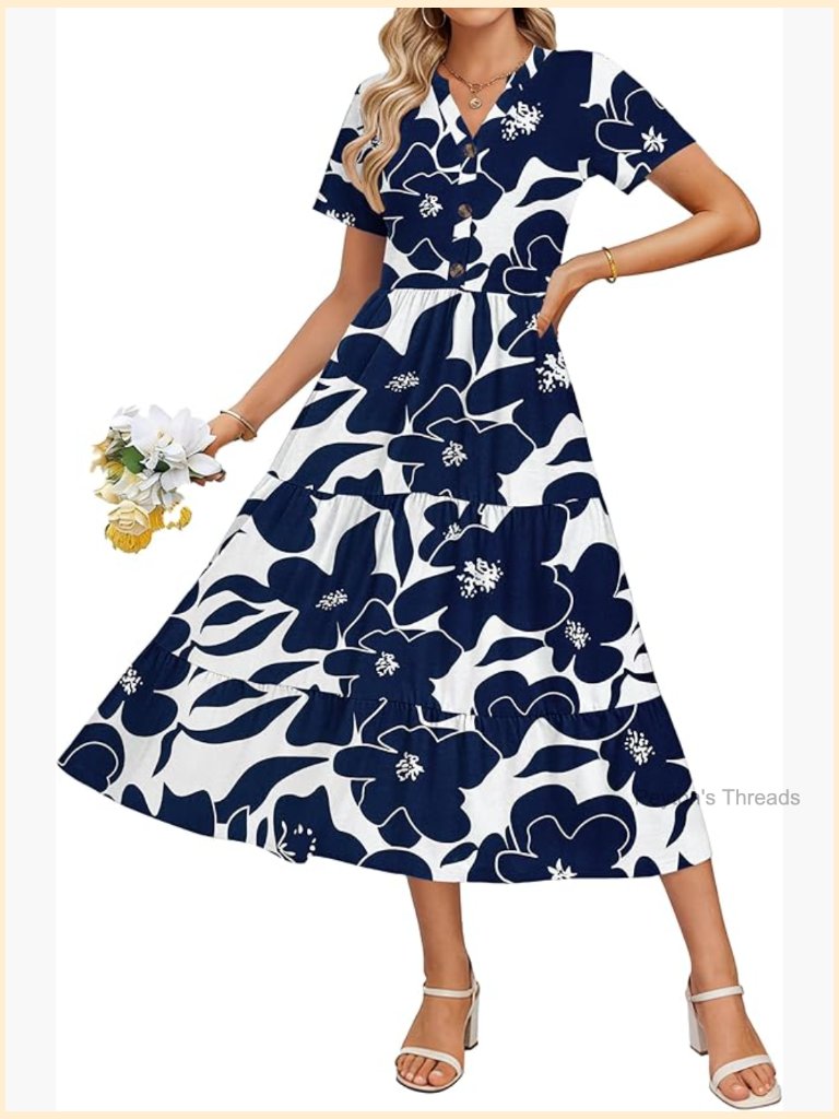 Casual Midi Short Sleeve V Neck Sundress With Pockets Button Tiered Flowy A